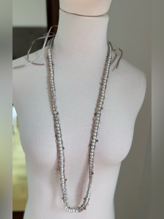 ambre babzoe Jewelry - Long White Pearl-Trimmed Necklace with Silver Accents